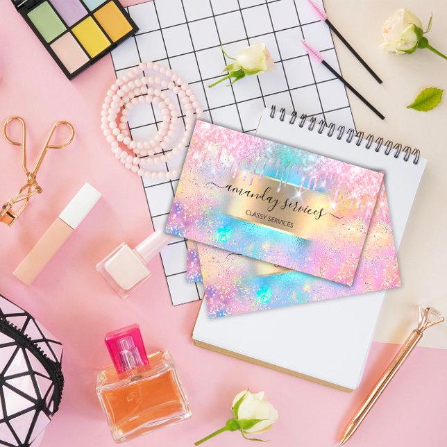 Holograph Makeup Boutique Shop Ocean Glitter Drips Business Card (makeup artist beauty SPA business card )