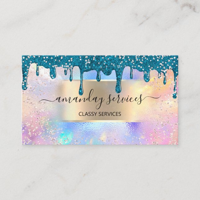 Holograph Makeup Lashes Boutique Gold Teal Drip Business Card (Front)