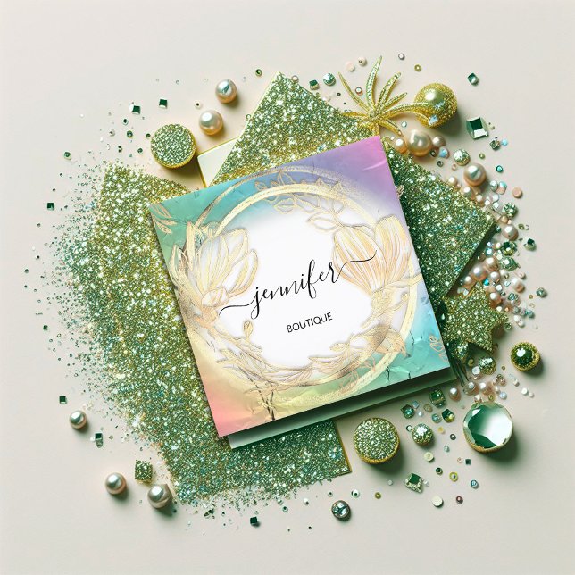Holograph Meraid Gold Floral QRCode Logo  Square Business Card (Holograph Meraid Gold Floral QRCode Logo Square Business Card)