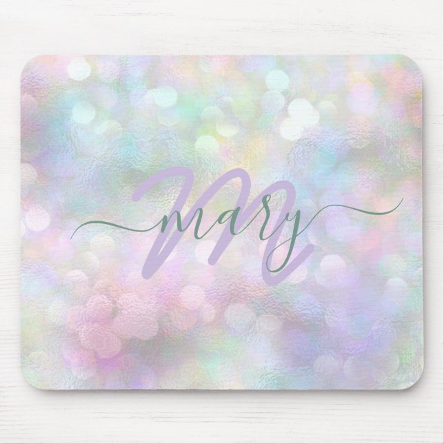 Holograph Pastel Ombre Name Monogram Unicorn Mouse Mat (Front)