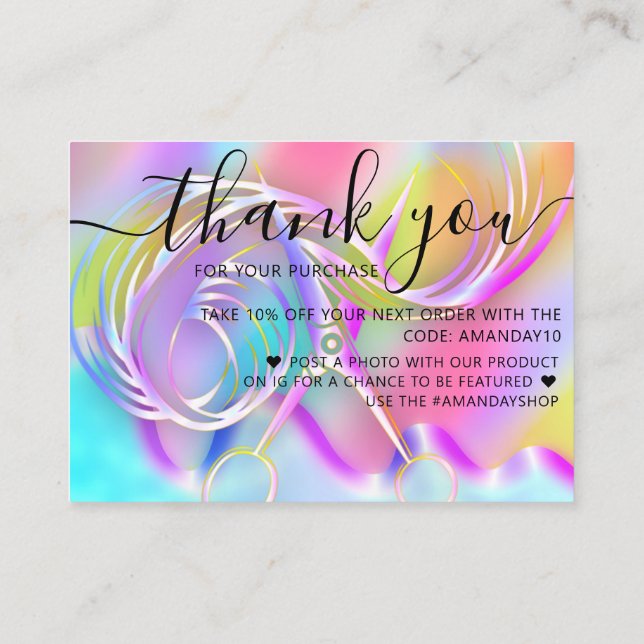 Holograph Shop Thank Discount Code Hair Product Business Card (Back)
