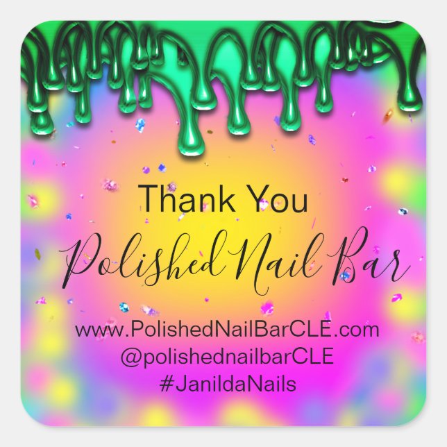 Holograph Thank You Boutique Drip Hot Pink Green Square Sticker (Front)