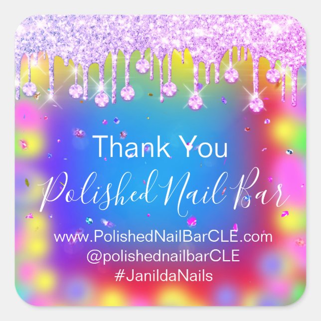 Holograph Thank You Diamond Drip Nails Hot Blue Square Sticker (Front)