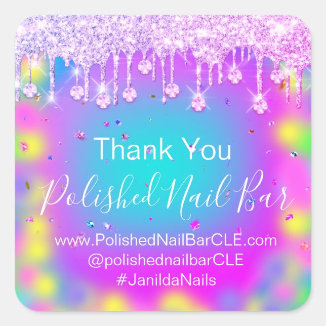 Holograph Thank You Diamond Drip Nails Hot PinkVIP Square Sticker (Front)