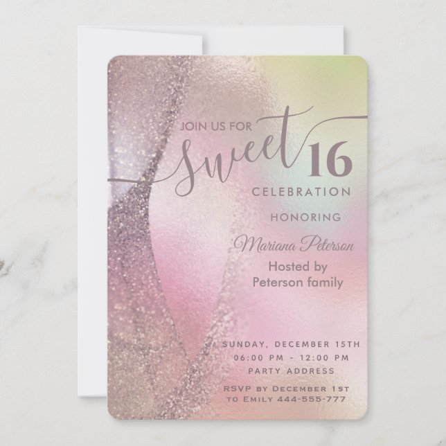 Holograph trendy glitter abstract sweet 16 invitation (Front)