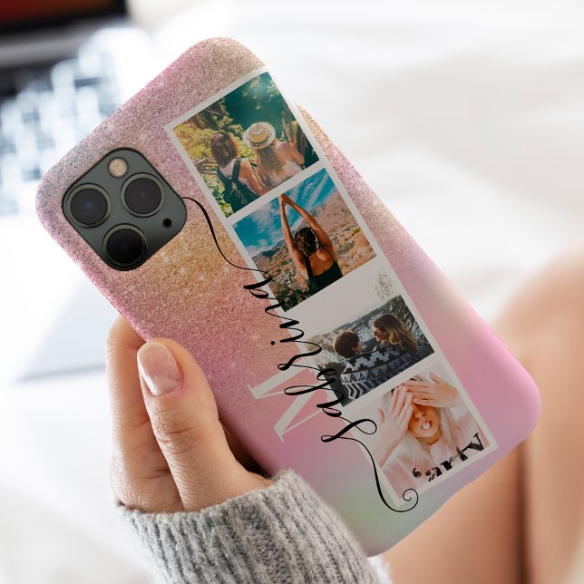 Holographic 4 photos grid collage name monogram Case-Mate iPhone case (Creator Uploaded)