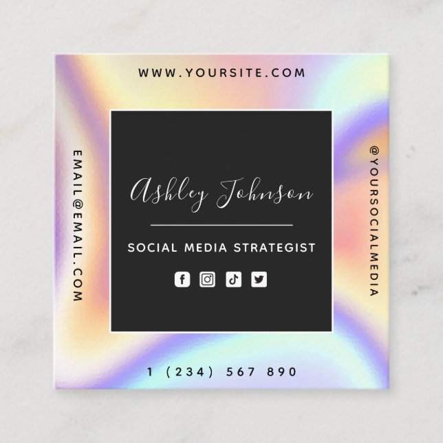 Holographic Aesthetic Social Media QR Code Trendy Square Business Card (Front)