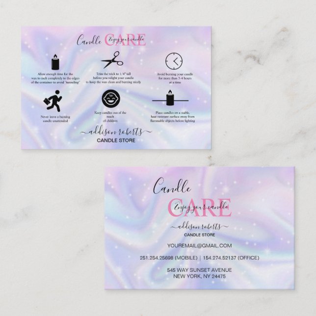 Holographic Background Hologram Neon Candle Care  Business Card (Front/Back)
