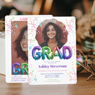 Holographic Balloon Lettering Graduation 2 Photos Invitation