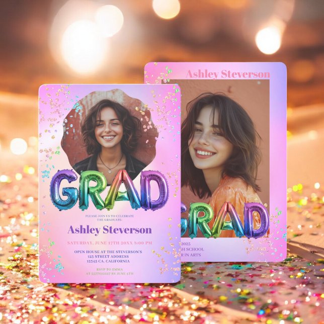  Holographic Balloon Lettering Graduation 2 Photos Invitation (Holographic Balloon Lettering Graduation 2 Photos Invitation)