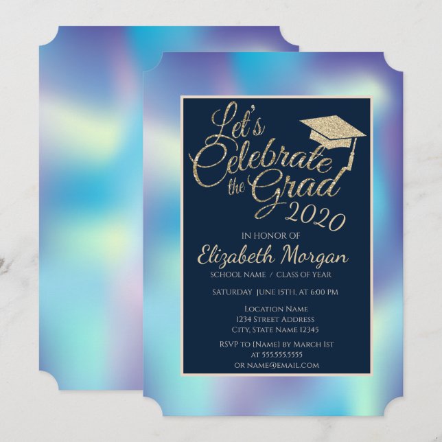 Holographic Blue Glitter Graduation Cap Graduation Invitation (Front/Back)