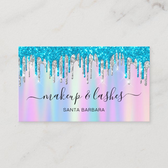 Holographic Blue Logo QR Lash Makeup Hair Drips  Business Card (Front)
