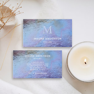 Holographic Blue Purple Modern Monogram Elegant Business Card