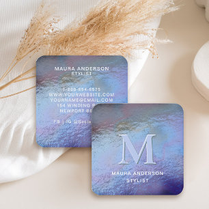 Holographic Blue Purple Modern Monogram Elegant Square Business Card