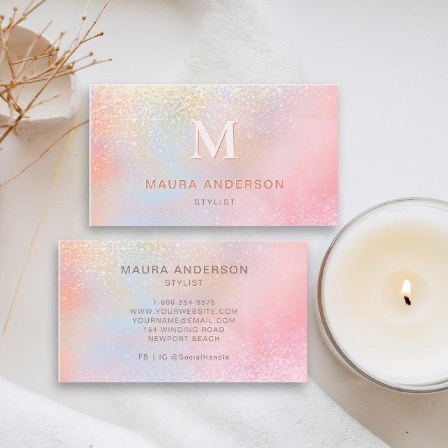 Holographic Blush Pink Modern Monogram Elegant Business Card (holographic business card pink blush shimmer hairdresser stylist coach artist lash nails makeup)