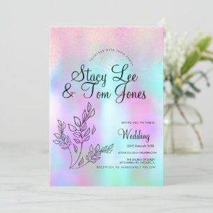 Holographic Botanical Faux Pink Glitter  Invitation