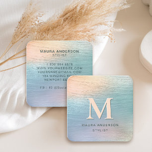 Holographic Brushed Teal Modern Monogram Elegant Square Business Card