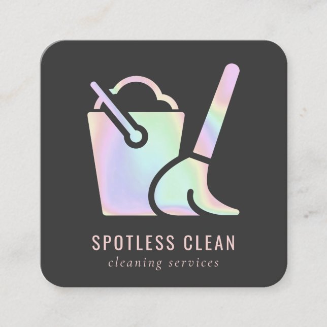 Holographic Bucket Broom Cleaner Cleaning Service  Square Business Card (Front)