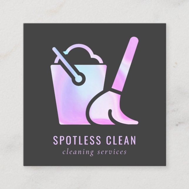 Holographic Bucket Broom Cleaner Cleaning Service Square Business Card (Front)