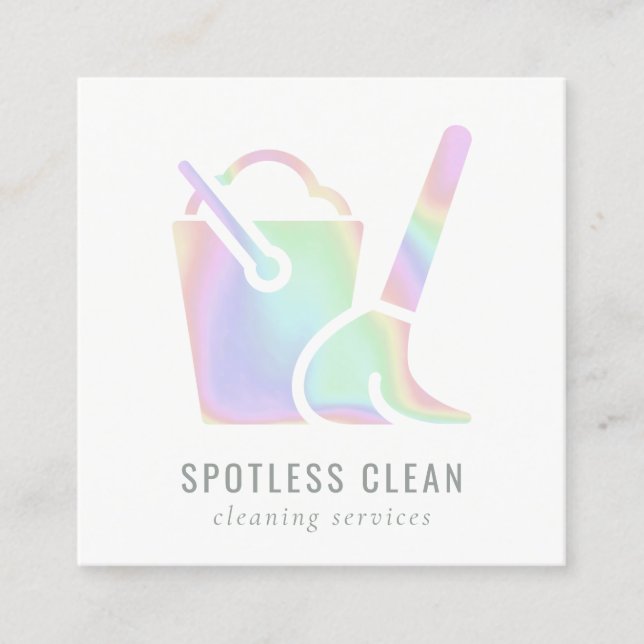 Holographic Bucket Broom Cleaner Cleaning Service Square Business Card (Front)
