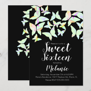 Holographic Butterflies Colourful Sweet Sixteen  Invitation