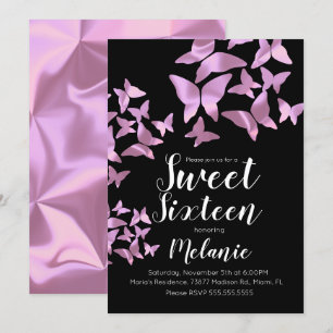 Holographic Butterflies Pink Sweet Sixteen Party Invitation