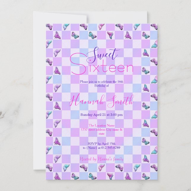 Holographic Butterflies Purple Chequerboard Invitation (Front)