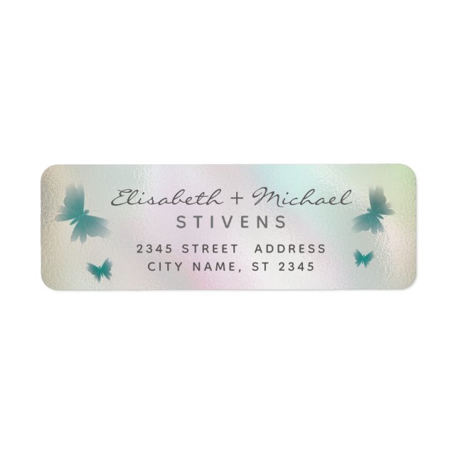 Holographic butterfly script wedding label (Front)