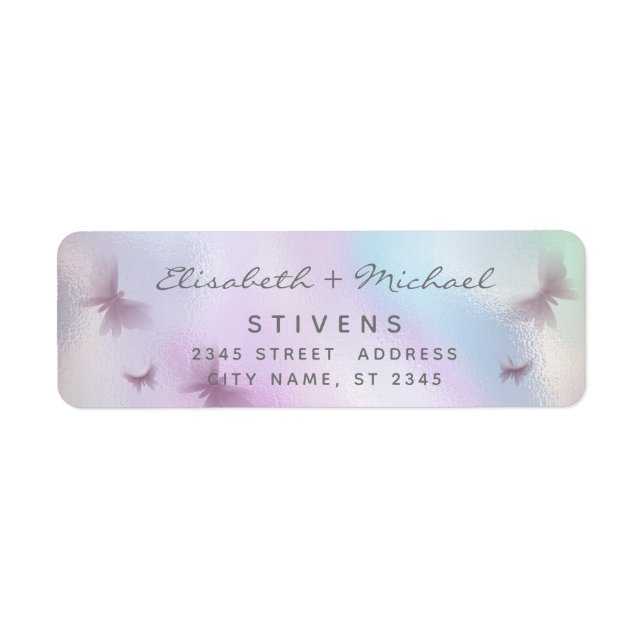 Holographic butterfly script wedding label (Front)