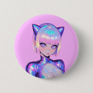 Holographic Catgirl Cyber Pop Portrait 6 Cm Round Badge