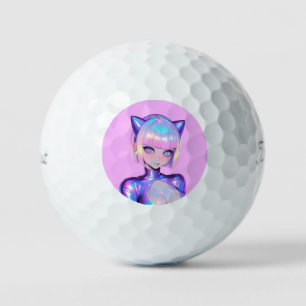 Holographic Catgirl Cyber Pop Portrait Golf Balls
