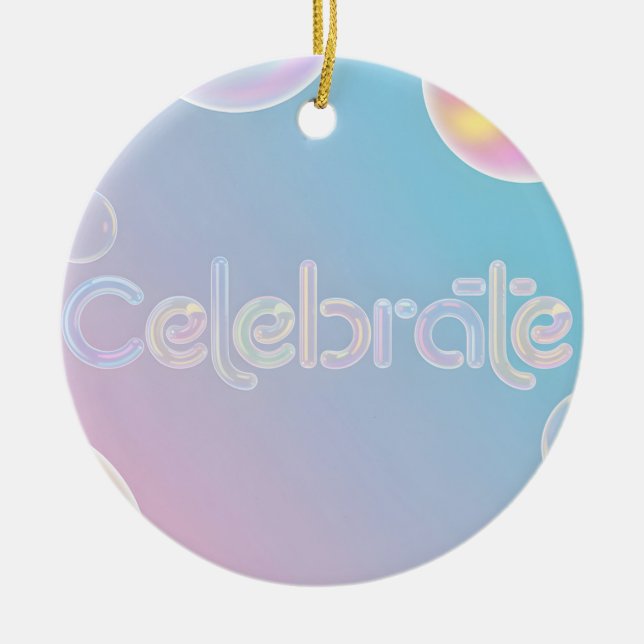 Holographic Celebration: "Celebrate" Typography Ceramic Tree Decoration (Front)