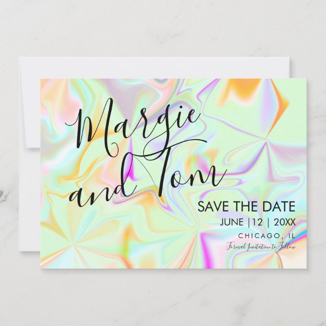 Holographic Colourful Typography Save the Date Invitation (Front)