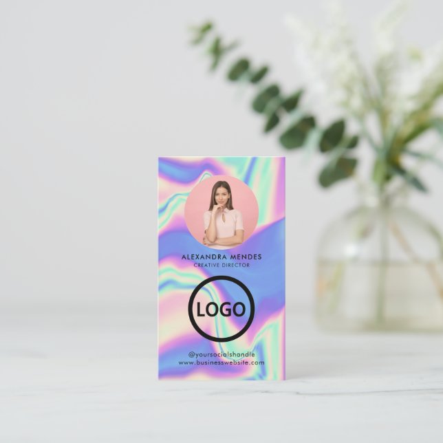 Holographic Company Logo QR Code Employee Photo Business Card (Standing Front)