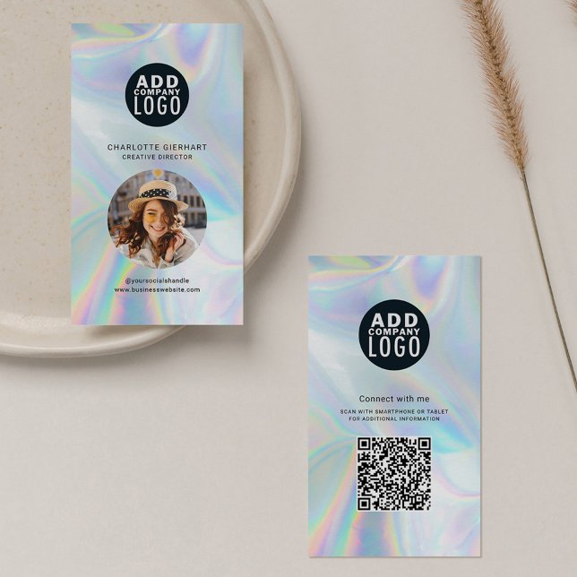 Holographic Company Logo QR Code Employee Photo Business Card (Holographic Corporate Logo with QR Code and Circle Photo Business Card)