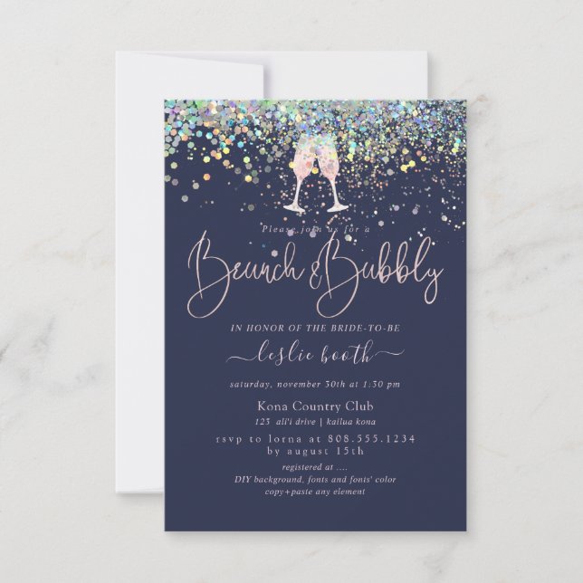 Holographic Confetti Brunch+Bubbly Pink Champagne Invitation (Front)