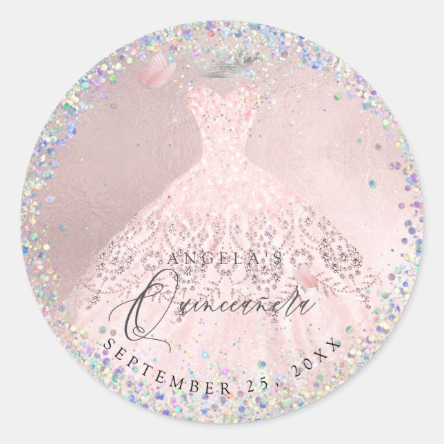 Holographic Confetti Quinceanera Blush Gown Classic Round Sticker (Front)