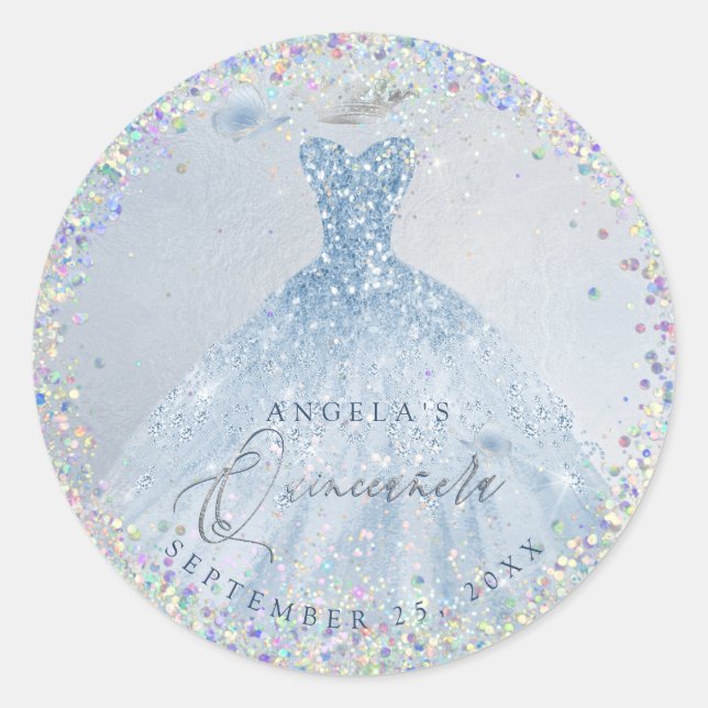 Holographic Confetti Quinceanera Dusty Blue Gown Classic Round Sticker (Front)
