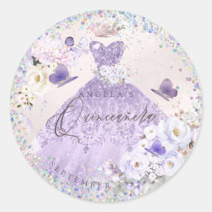 Holographic Confetti Quinceanera Purple Gown Classic Round Sticker