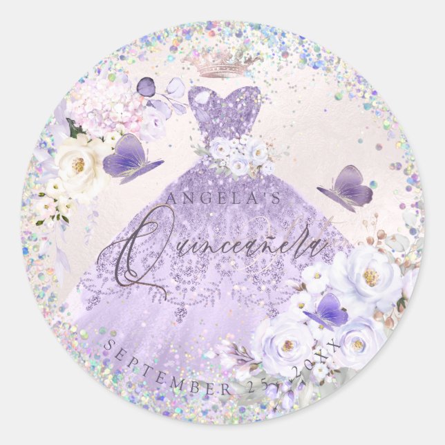 Holographic Confetti Quinceanera Purple Gown Classic Round Sticker (Front)