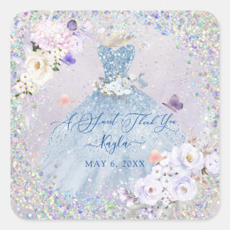 Holographic Confetti Sweet 16 Dusty Blue Gown Square Sticker
