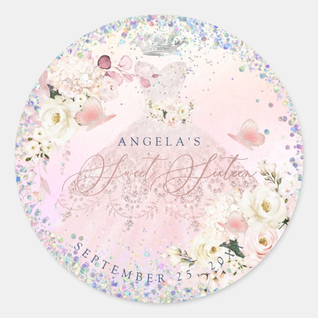 Holographic Confetti Sweet Sixteen Blush Pink Gown Classic Round Sticker (Front)