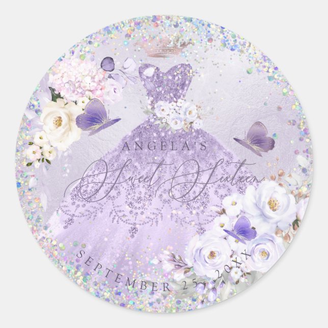 Holographic Confetti Sweet Sixteen Purple Gown Classic Round Sticker (Front)