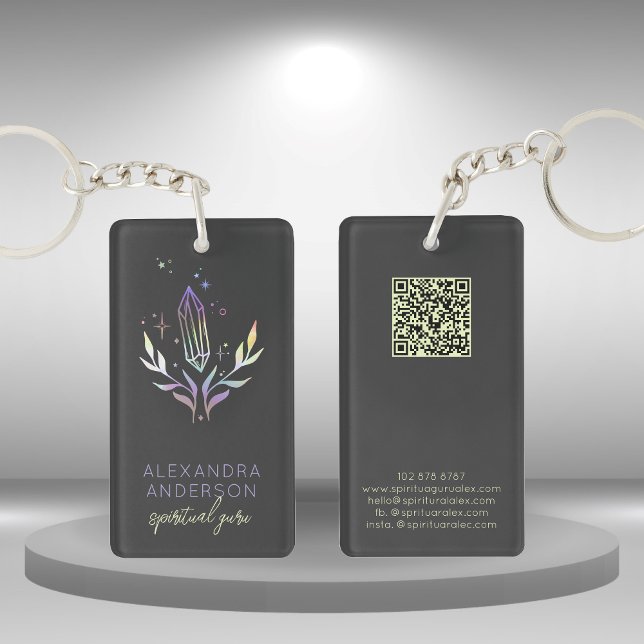 Holographic Crystal Gemstone QR Code Black Key Ring (Holographic Crystal Gemstone QR Code Black Keychain)