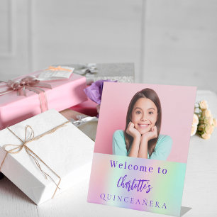Holographic custom photo Quinceanera party welcome Pedestal Sign