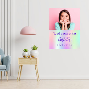 Holographic custom photo Sweet 16 party welcome Poster