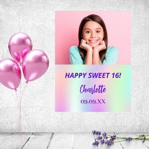 Holographic custom photo Sweet 16 party welcome Poster