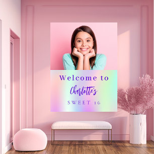 Holographic custom photo Sweet 16 party welcome Poster