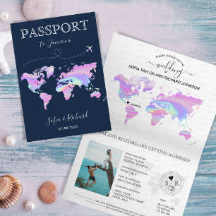 Holographic Destination Wedding Passport World Map Invitation