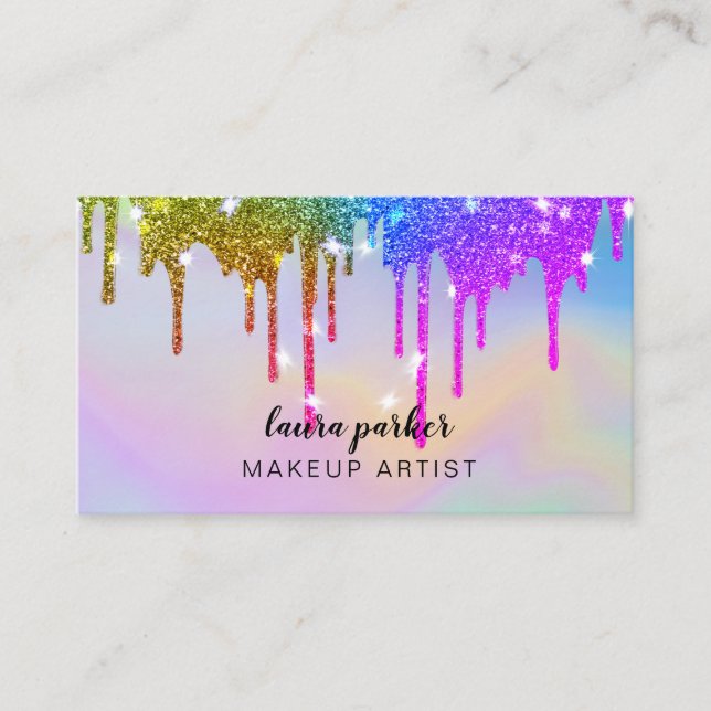 Holographic Dripping Glitter Makeup Hair Stylist Business Card (Front)